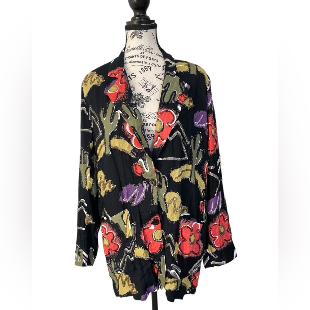 Vintage Beaded Abstract Floral Cactus Blazer Jacket Boho Artwear Black M